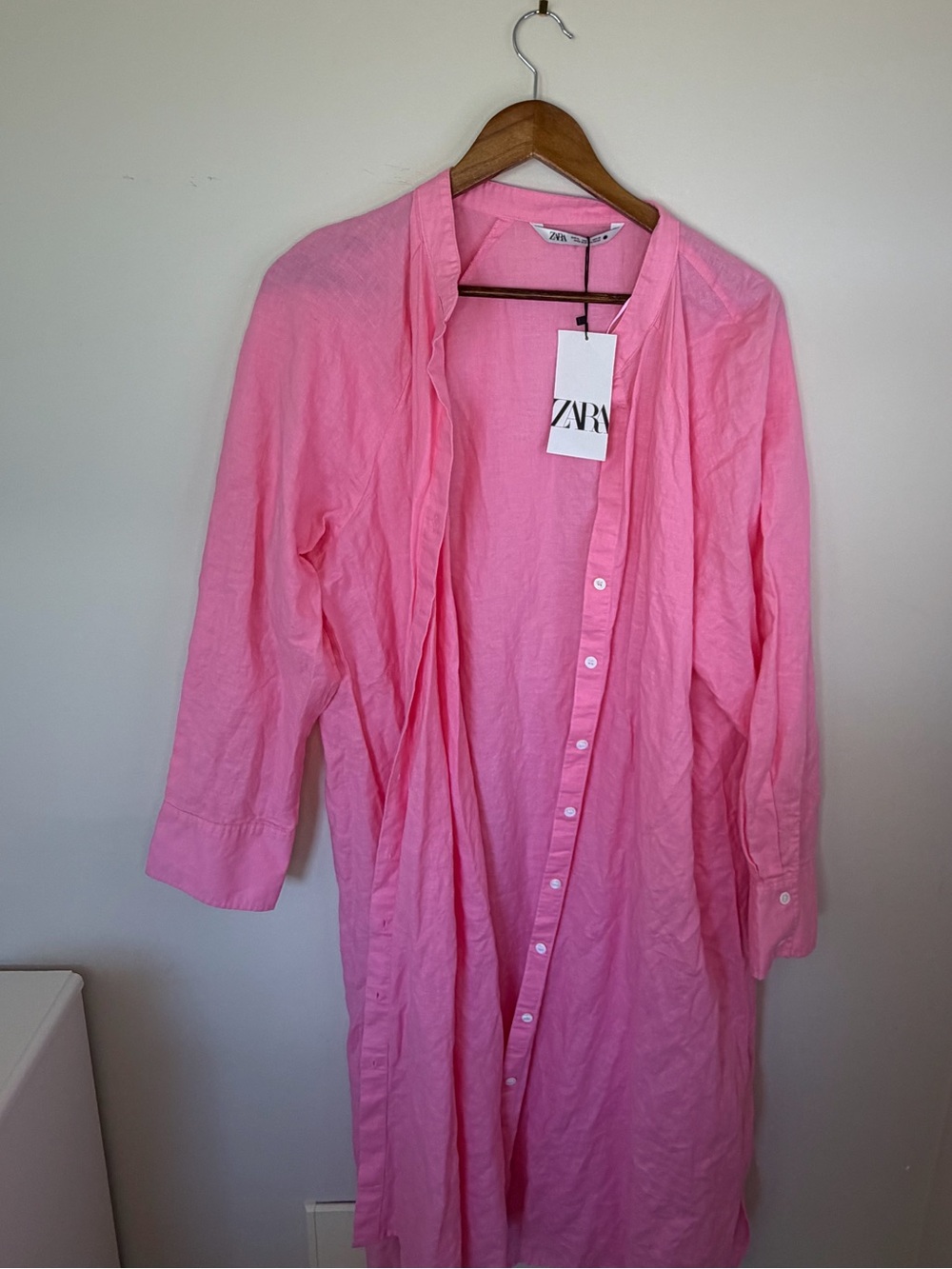 Zara Pink Long Button-Down linen Shirt Dress